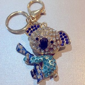 Multicolor Blue Austrian Crystal Koala Bear Keychain in Gold Tone